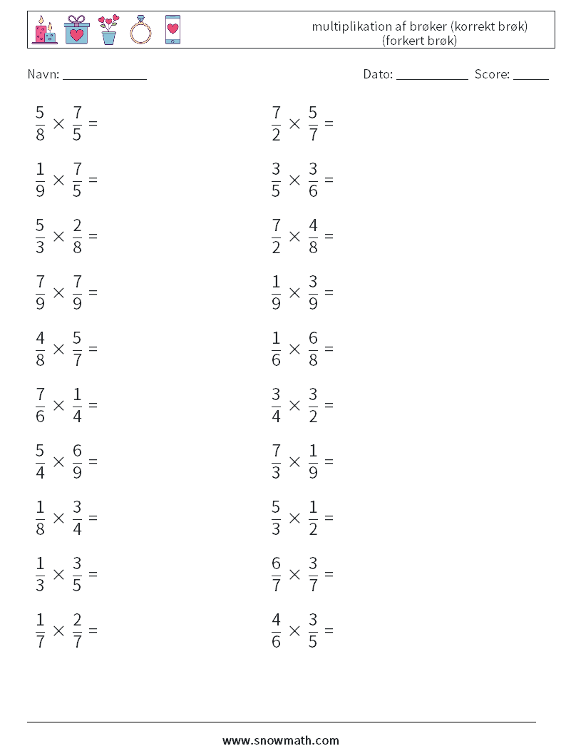 (20) multiplikation af brøker (korrekt brøk) (forkert brøk) Matematiske regneark 11