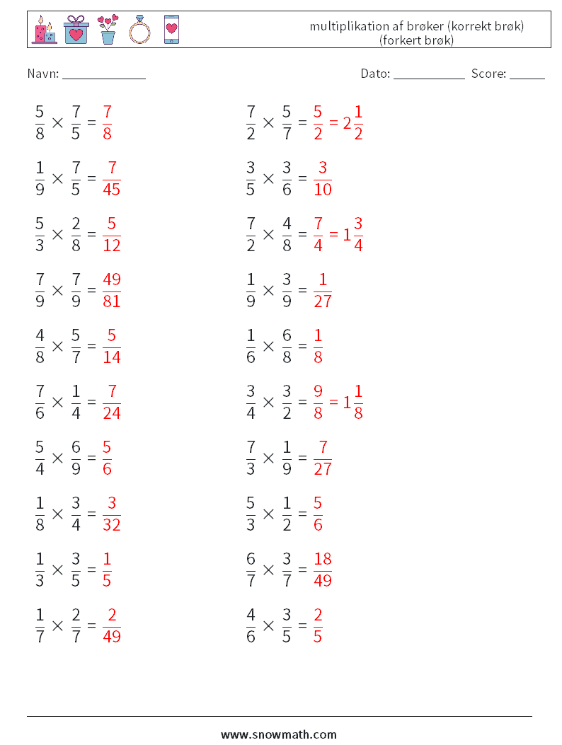 (20) multiplikation af brøker (korrekt brøk) (forkert brøk) Matematiske regneark 11 Spørgsmål, svar