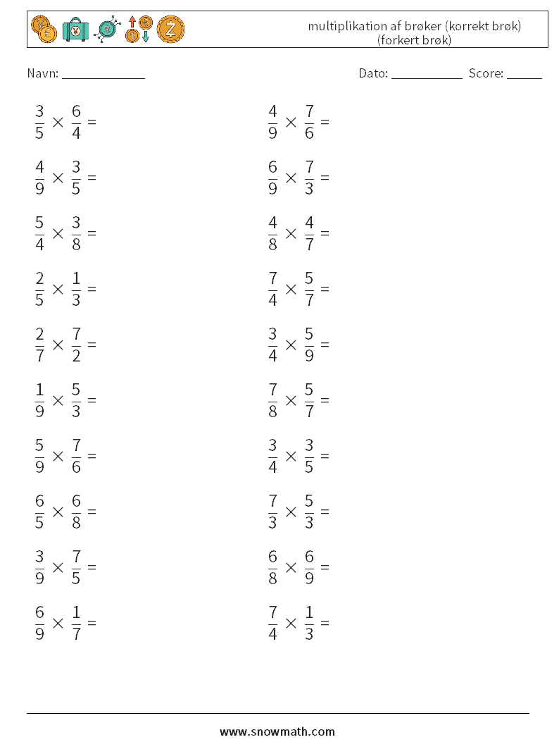 (20) multiplikation af brøker (korrekt brøk) (forkert brøk) Matematiske regneark 12