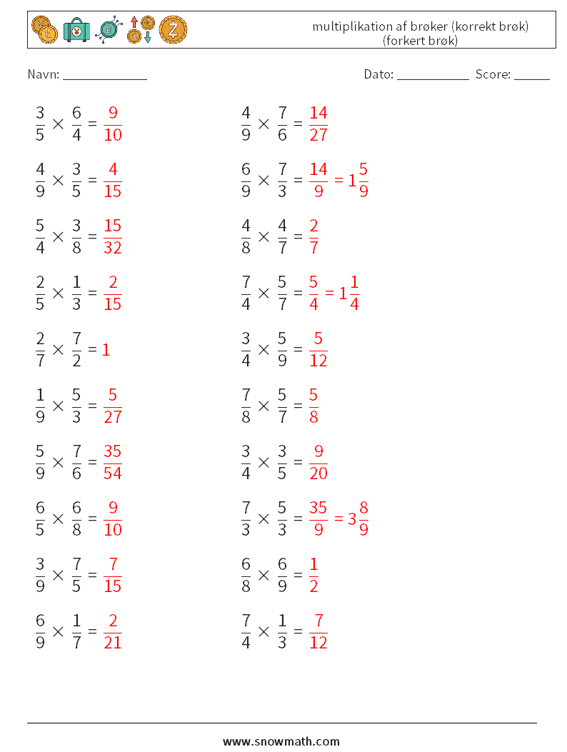 (20) multiplikation af brøker (korrekt brøk) (forkert brøk) Matematiske regneark 12 Spørgsmål, svar