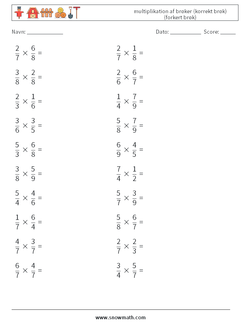 (20) multiplikation af brøker (korrekt brøk) (forkert brøk) Matematiske regneark 13