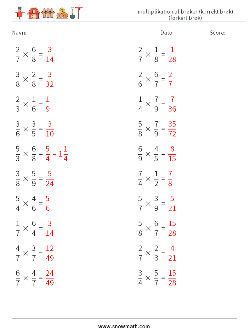 (20) multiplikation af brøker (korrekt brøk) (forkert brøk) Matematiske regneark 13 Spørgsmål, svar