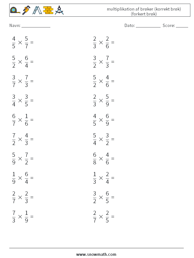 (20) multiplikation af brøker (korrekt brøk) (forkert brøk) Matematiske regneark 14
