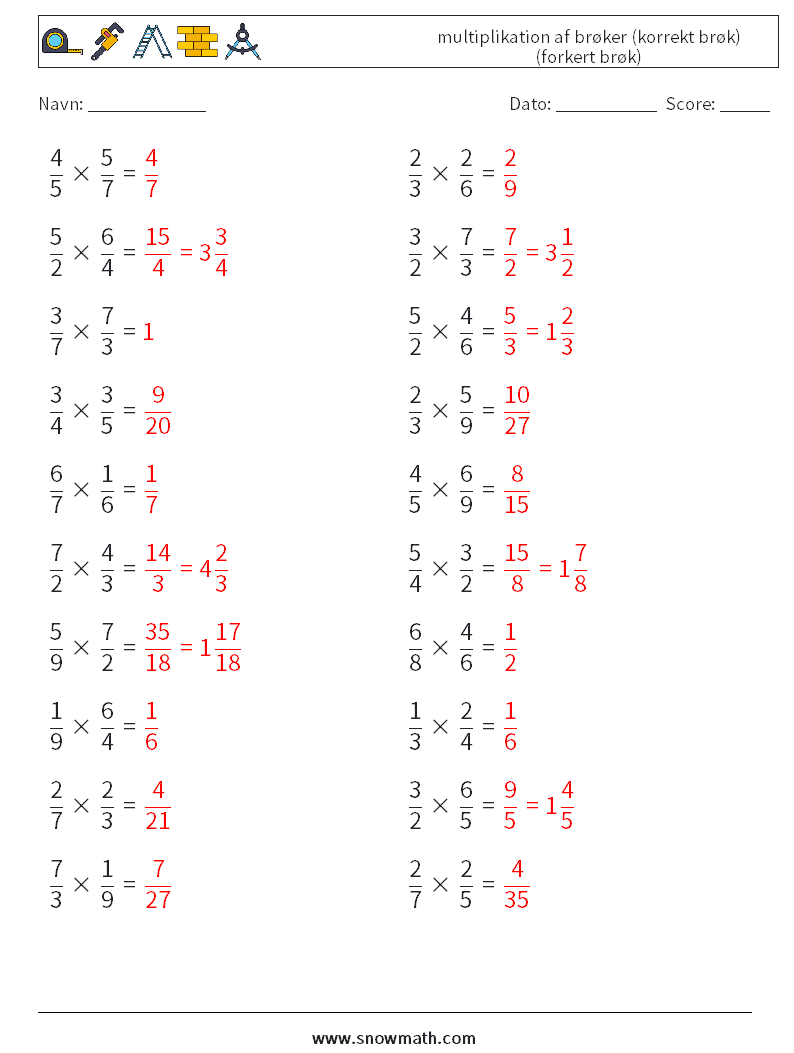 (20) multiplikation af brøker (korrekt brøk) (forkert brøk) Matematiske regneark 14 Spørgsmål, svar