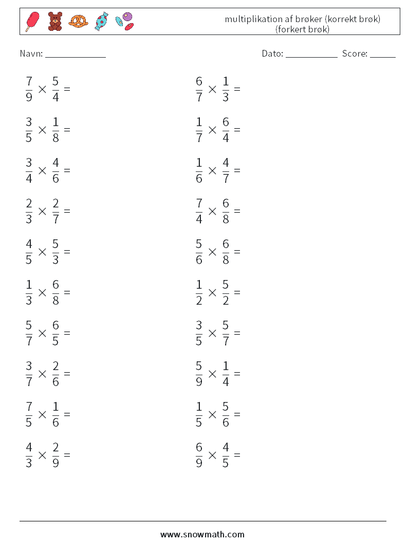 (20) multiplikation af brøker (korrekt brøk) (forkert brøk) Matematiske regneark 15