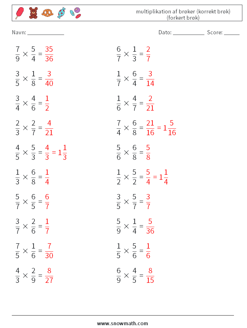 (20) multiplikation af brøker (korrekt brøk) (forkert brøk) Matematiske regneark 15 Spørgsmål, svar