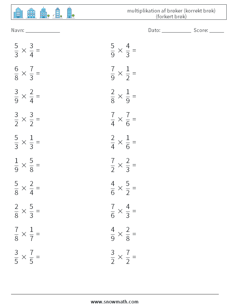 (20) multiplikation af brøker (korrekt brøk) (forkert brøk) Matematiske regneark 16