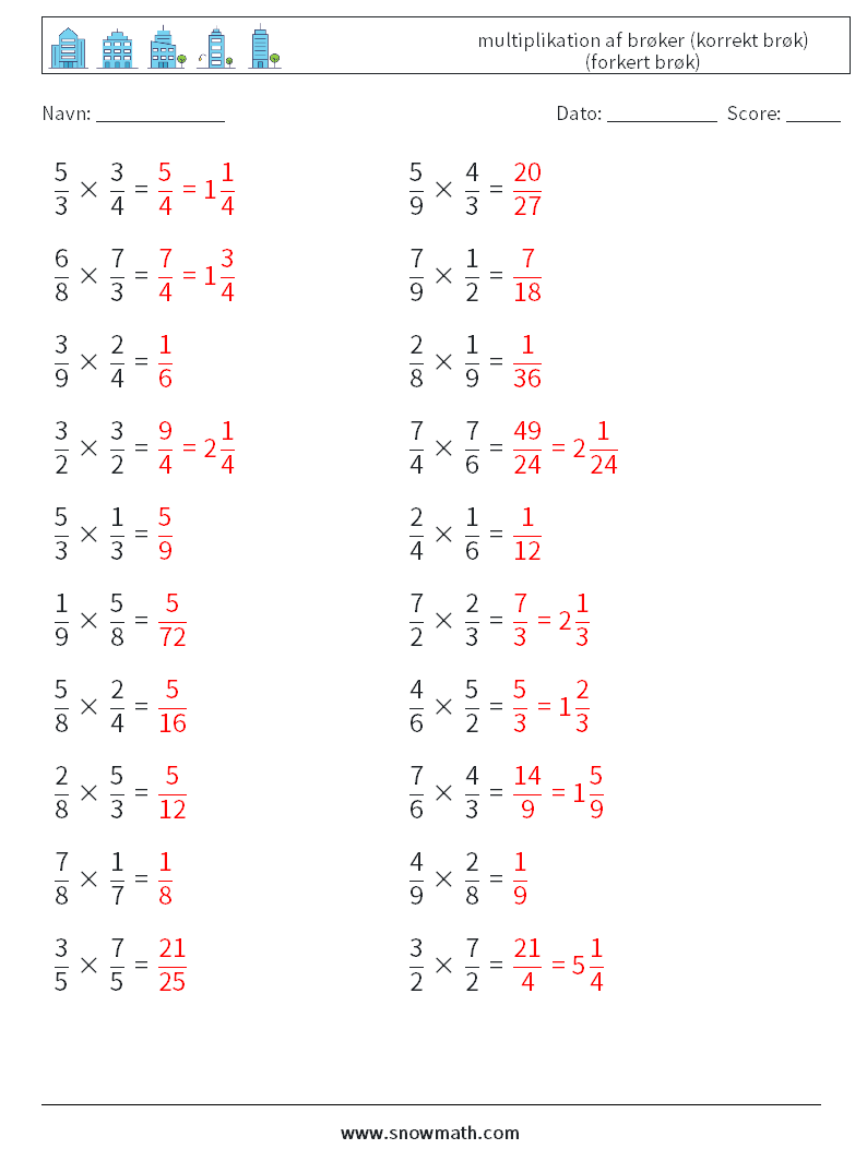 (20) multiplikation af brøker (korrekt brøk) (forkert brøk) Matematiske regneark 16 Spørgsmål, svar