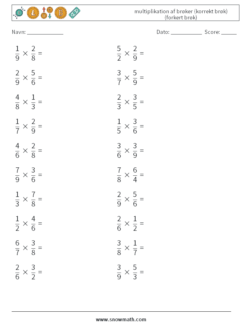 (20) multiplikation af brøker (korrekt brøk) (forkert brøk) Matematiske regneark 17