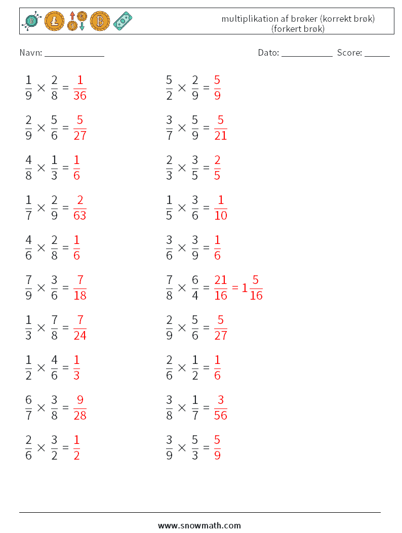 (20) multiplikation af brøker (korrekt brøk) (forkert brøk) Matematiske regneark 17 Spørgsmål, svar