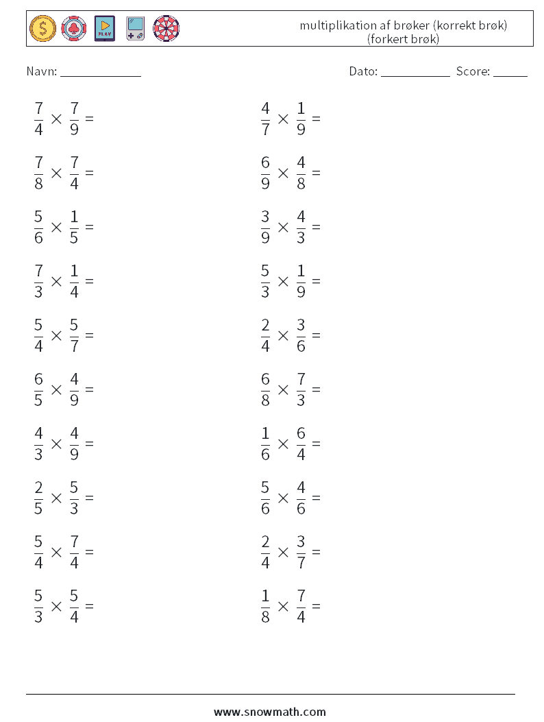 (20) multiplikation af brøker (korrekt brøk) (forkert brøk) Matematiske regneark 18