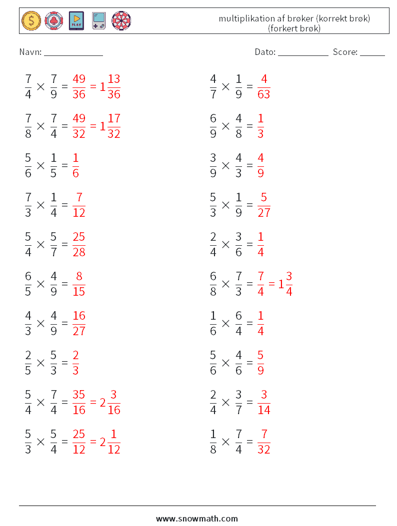 (20) multiplikation af brøker (korrekt brøk) (forkert brøk) Matematiske regneark 18 Spørgsmål, svar