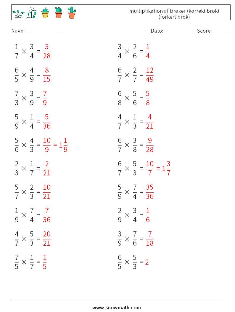 (20) multiplikation af brøker (korrekt brøk) (forkert brøk) Matematiske regneark 1 Spørgsmål, svar