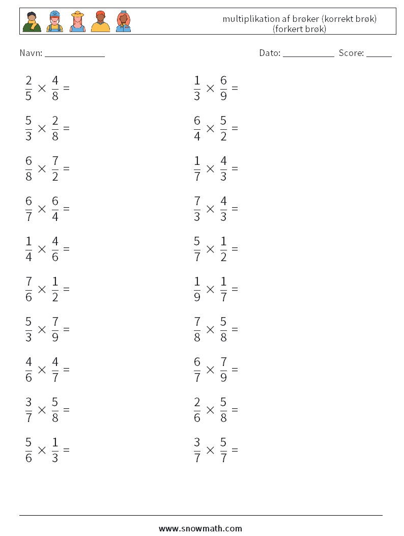 (20) multiplikation af brøker (korrekt brøk) (forkert brøk) Matematiske regneark 2