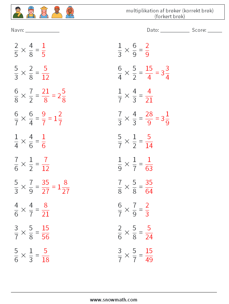 (20) multiplikation af brøker (korrekt brøk) (forkert brøk) Matematiske regneark 2 Spørgsmål, svar