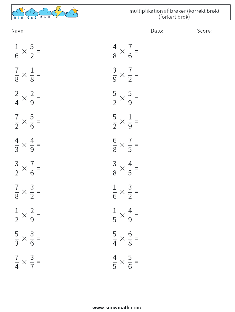 (20) multiplikation af brøker (korrekt brøk) (forkert brøk) Matematiske regneark 3