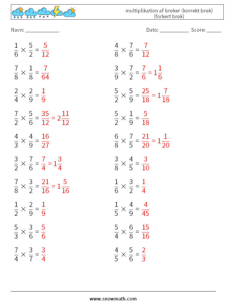 (20) multiplikation af brøker (korrekt brøk) (forkert brøk) Matematiske regneark 3 Spørgsmål, svar