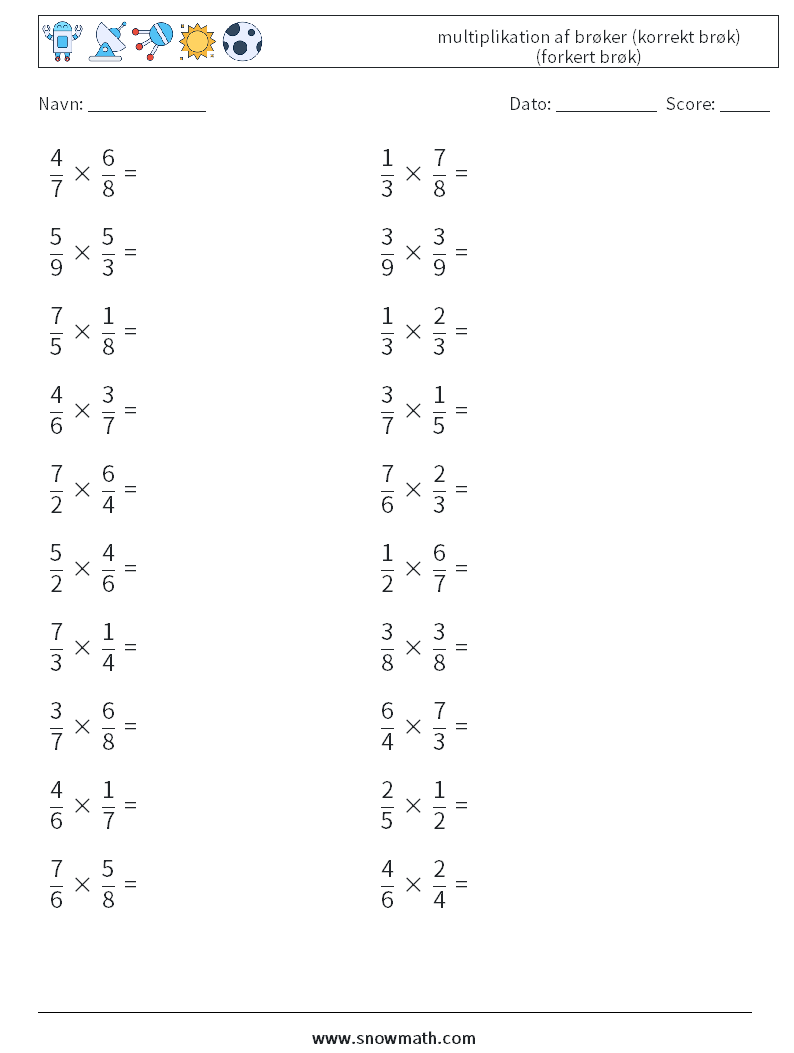 (20) multiplikation af brøker (korrekt brøk) (forkert brøk) Matematiske regneark 4