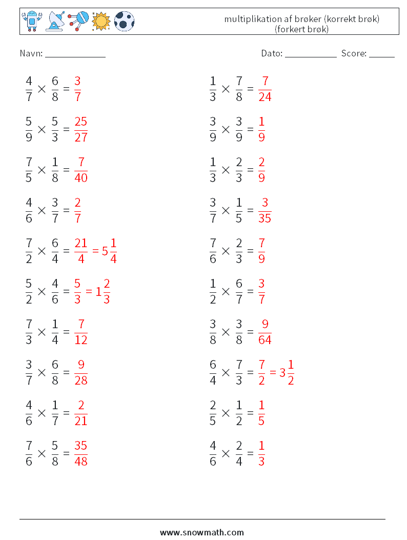 (20) multiplikation af brøker (korrekt brøk) (forkert brøk) Matematiske regneark 4 Spørgsmål, svar