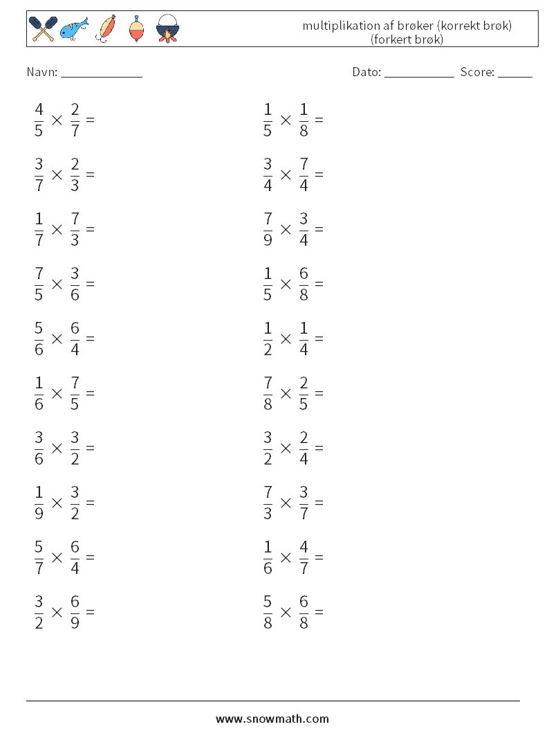 (20) multiplikation af brøker (korrekt brøk) (forkert brøk) Matematiske regneark 5