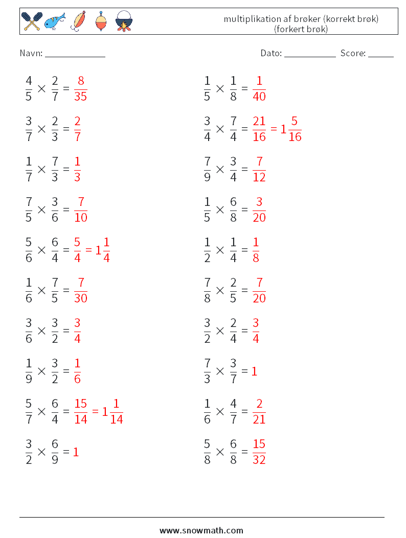 (20) multiplikation af brøker (korrekt brøk) (forkert brøk) Matematiske regneark 5 Spørgsmål, svar
