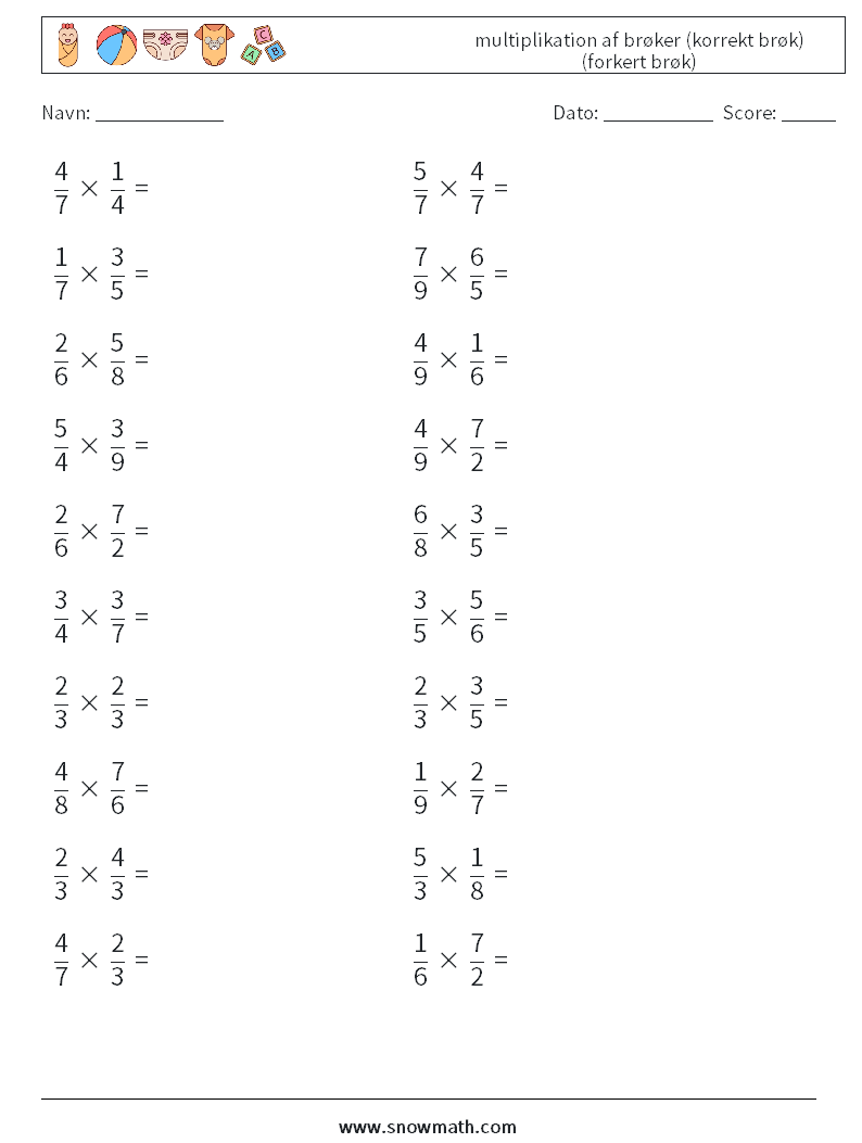 (20) multiplikation af brøker (korrekt brøk) (forkert brøk) Matematiske regneark 6