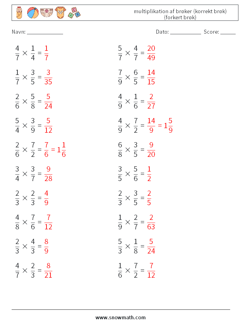 (20) multiplikation af brøker (korrekt brøk) (forkert brøk) Matematiske regneark 6 Spørgsmål, svar