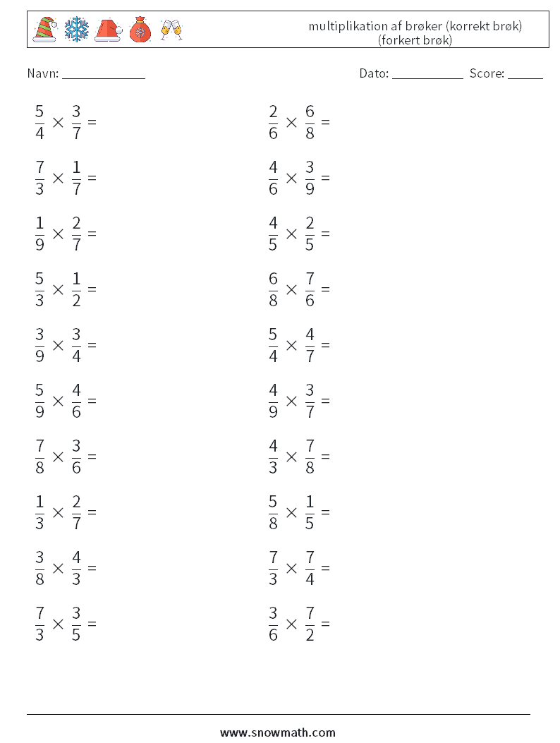 (20) multiplikation af brøker (korrekt brøk) (forkert brøk) Matematiske regneark 7