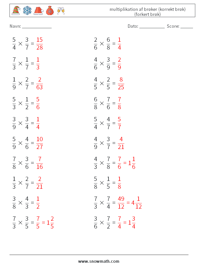 (20) multiplikation af brøker (korrekt brøk) (forkert brøk) Matematiske regneark 7 Spørgsmål, svar