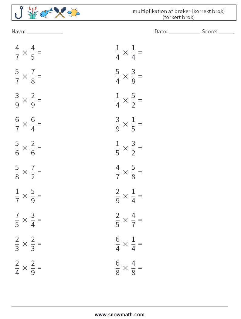 (20) multiplikation af brøker (korrekt brøk) (forkert brøk) Matematiske regneark 8