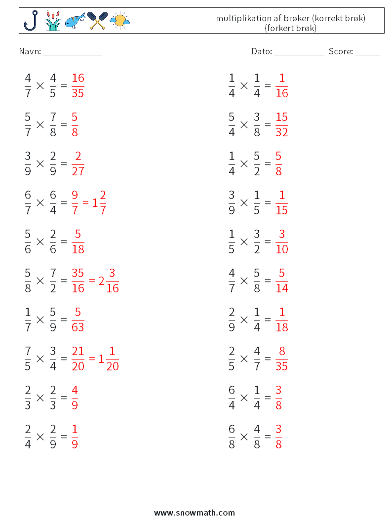 (20) multiplikation af brøker (korrekt brøk) (forkert brøk) Matematiske regneark 8 Spørgsmål, svar