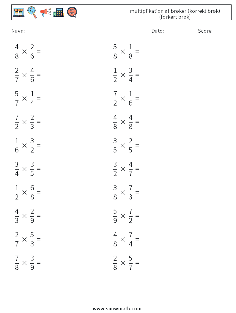 (20) multiplikation af brøker (korrekt brøk) (forkert brøk) Matematiske regneark 9