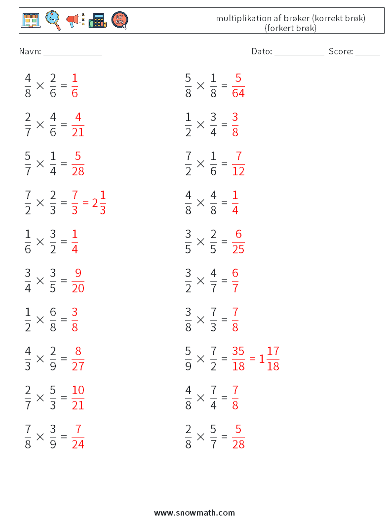 (20) multiplikation af brøker (korrekt brøk) (forkert brøk) Matematiske regneark 9 Spørgsmål, svar