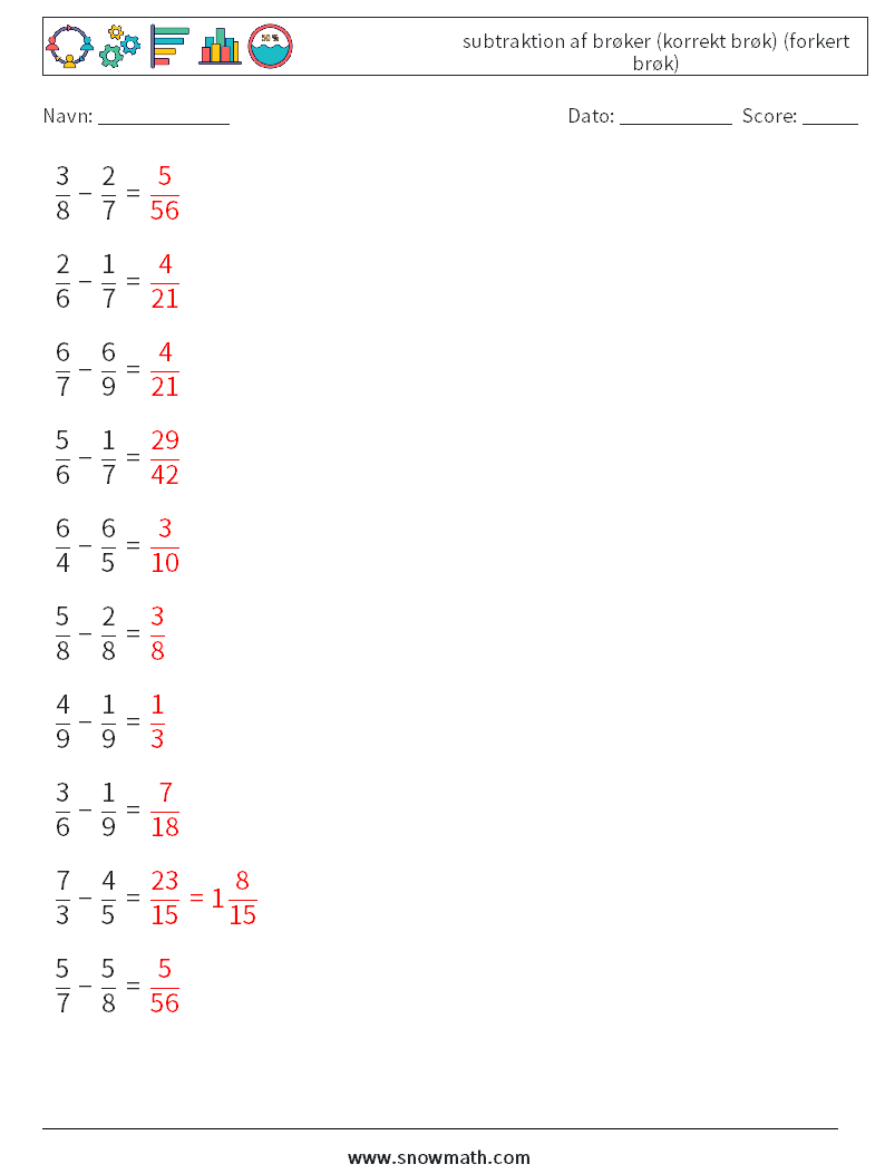 (10) subtraktion af brøker (korrekt brøk) (forkert brøk) Matematiske regneark 10 Spørgsmål, svar