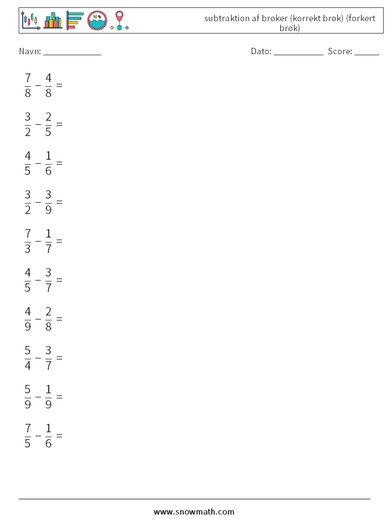 (10) subtraktion af brøker (korrekt brøk) (forkert brøk) Matematiske regneark 11