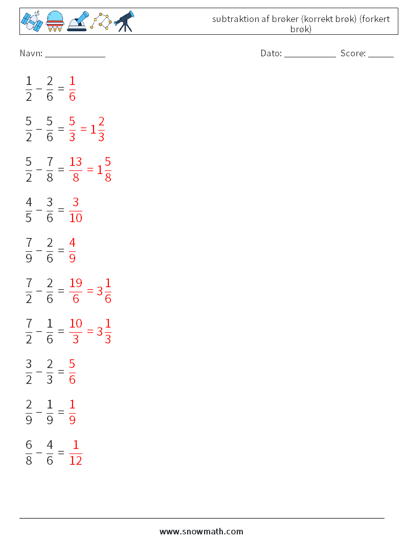 (10) subtraktion af brøker (korrekt brøk) (forkert brøk) Matematiske regneark 12 Spørgsmål, svar