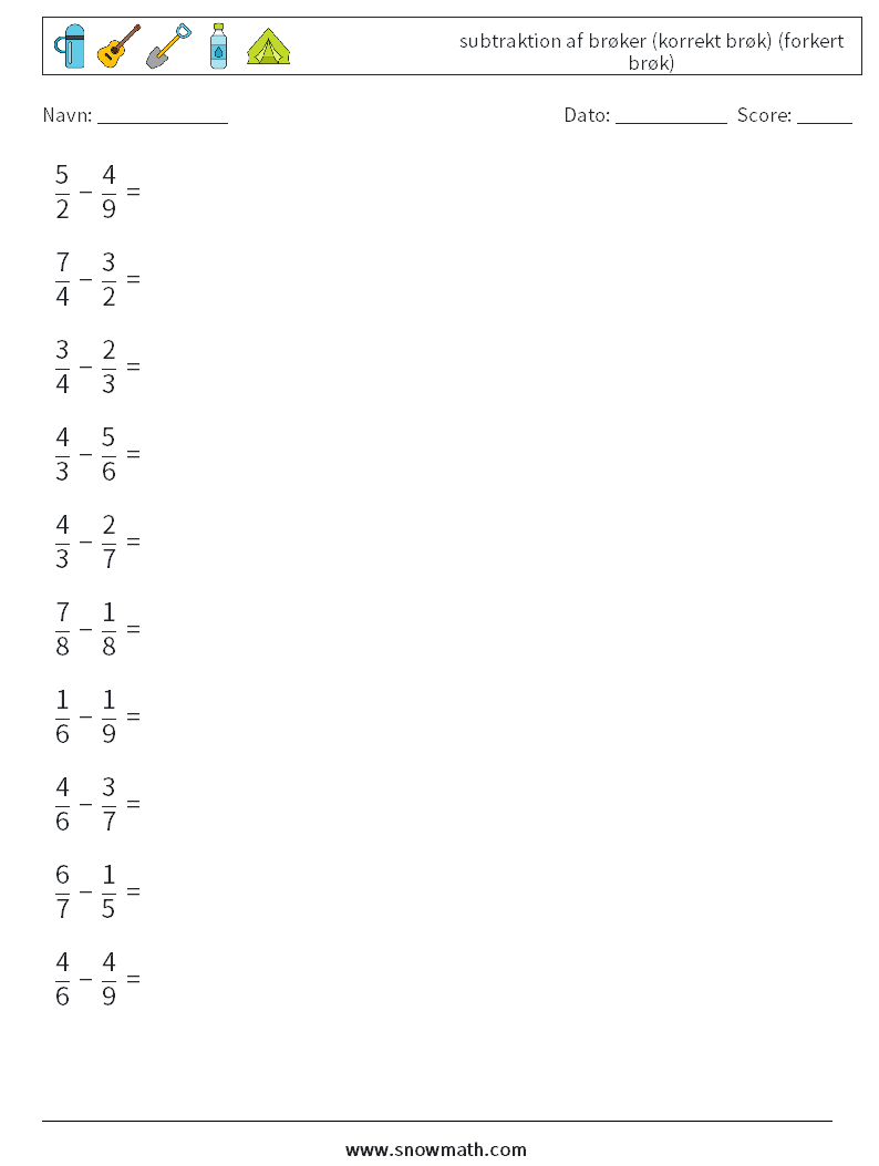 (10) subtraktion af brøker (korrekt brøk) (forkert brøk) Matematiske regneark 14