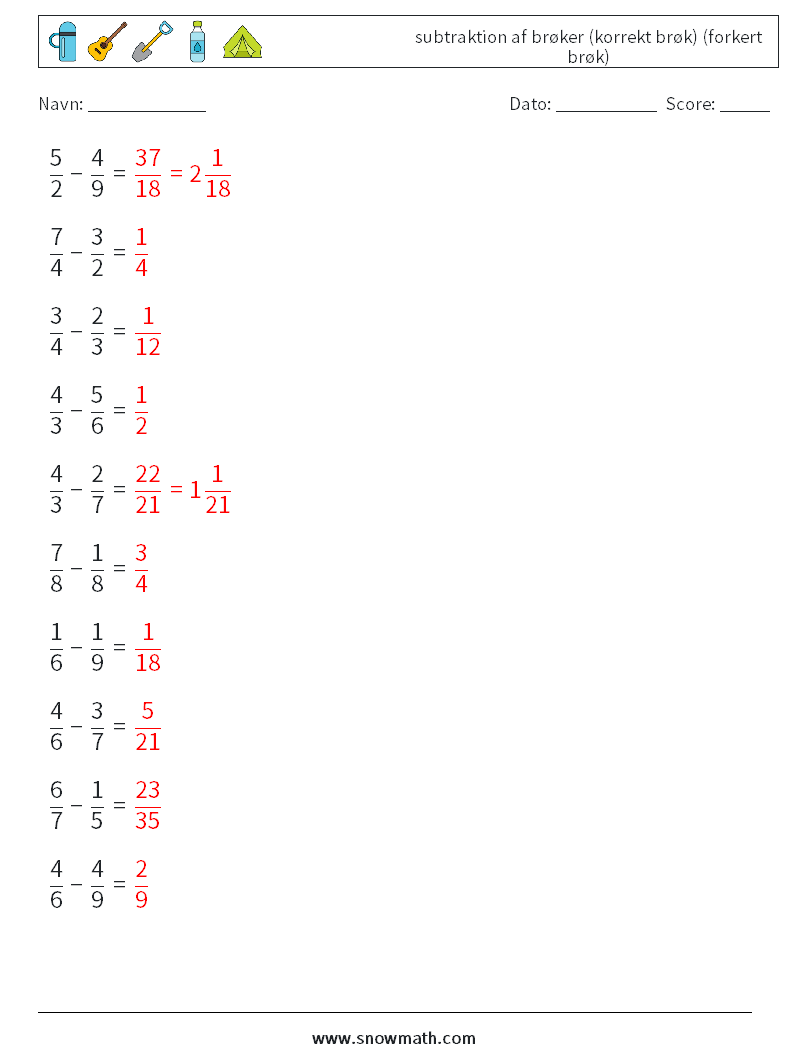 (10) subtraktion af brøker (korrekt brøk) (forkert brøk) Matematiske regneark 14 Spørgsmål, svar