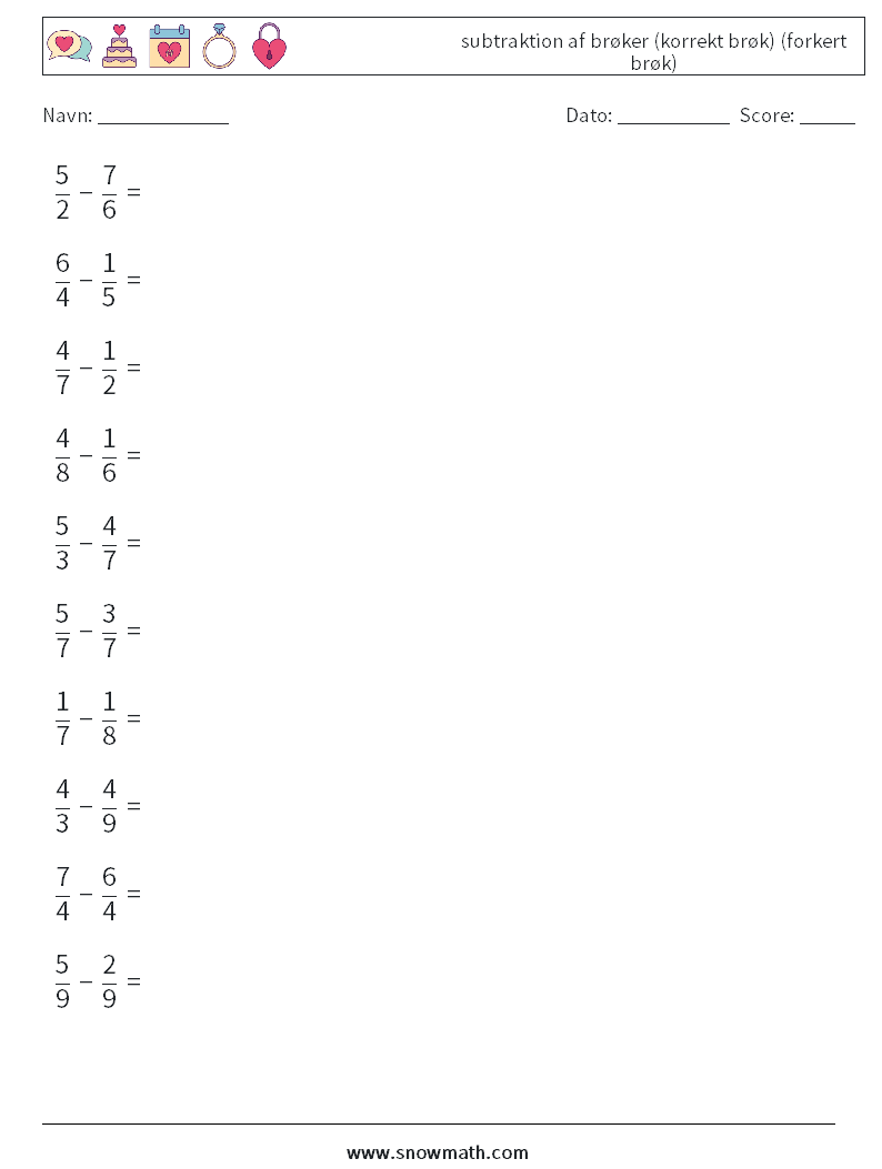 (10) subtraktion af brøker (korrekt brøk) (forkert brøk) Matematiske regneark 16
