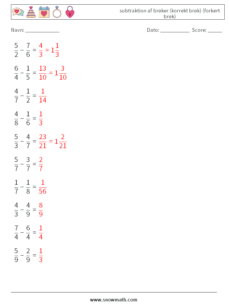 (10) subtraktion af brøker (korrekt brøk) (forkert brøk) Matematiske regneark 16 Spørgsmål, svar