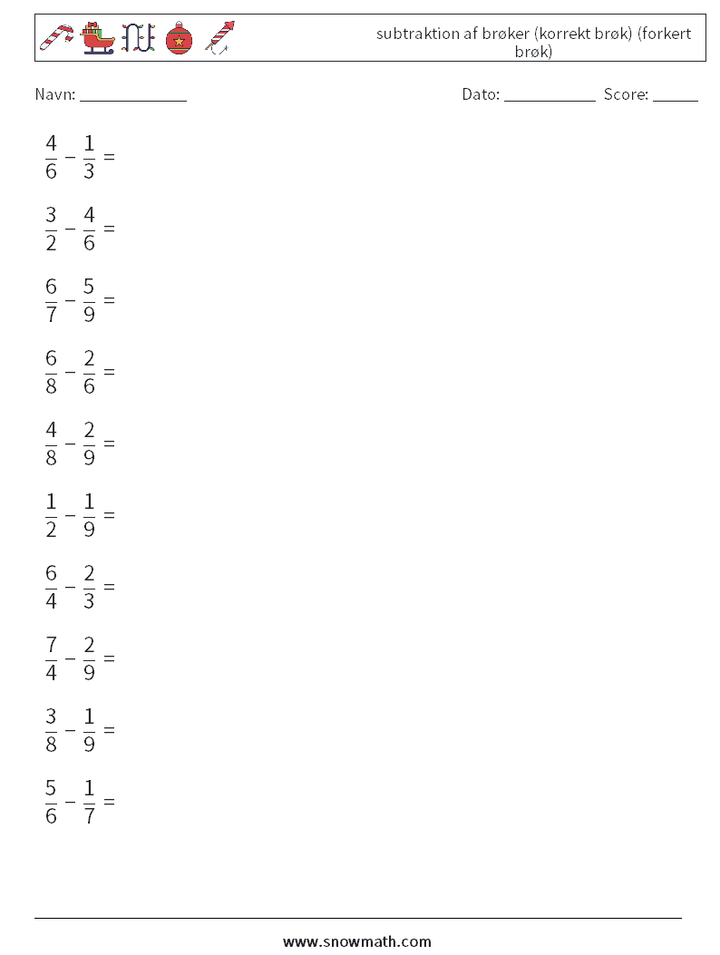 (10) subtraktion af brøker (korrekt brøk) (forkert brøk) Matematiske regneark 17