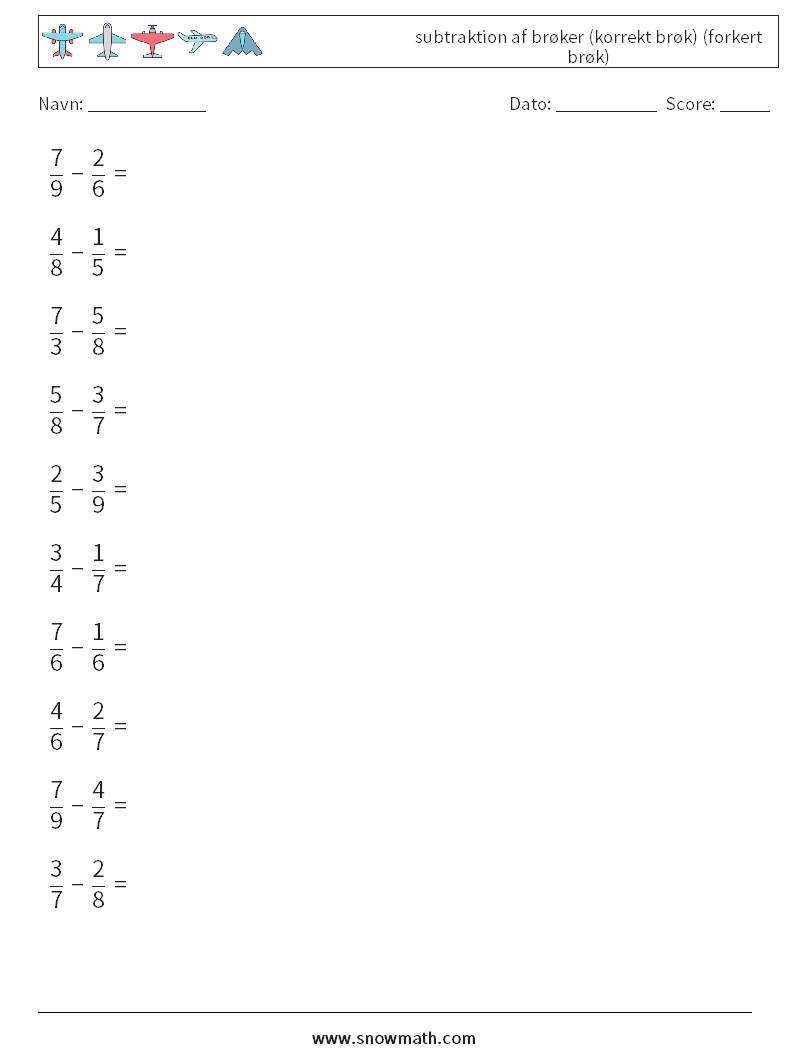 (10) subtraktion af brøker (korrekt brøk) (forkert brøk) Matematiske regneark 18