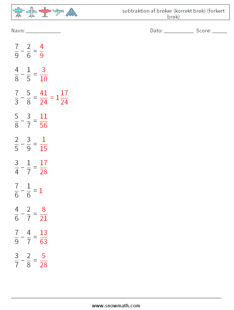 (10) subtraktion af brøker (korrekt brøk) (forkert brøk) Matematiske regneark 18 Spørgsmål, svar