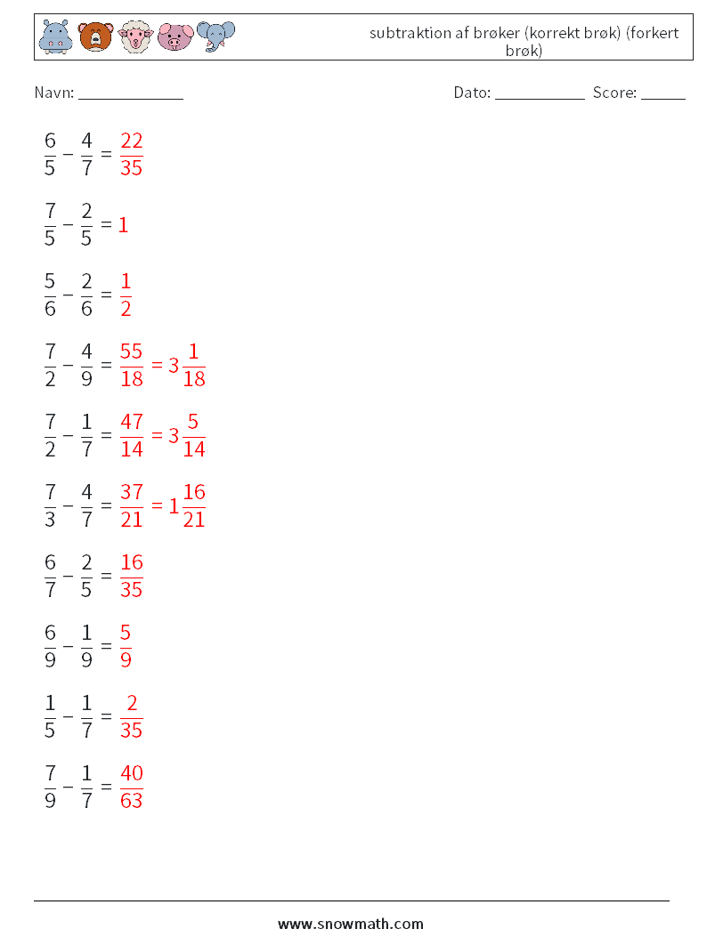 (10) subtraktion af brøker (korrekt brøk) (forkert brøk) Matematiske regneark 1 Spørgsmål, svar