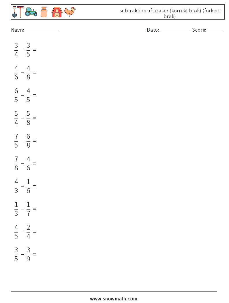 (10) subtraktion af brøker (korrekt brøk) (forkert brøk) Matematiske regneark 2
