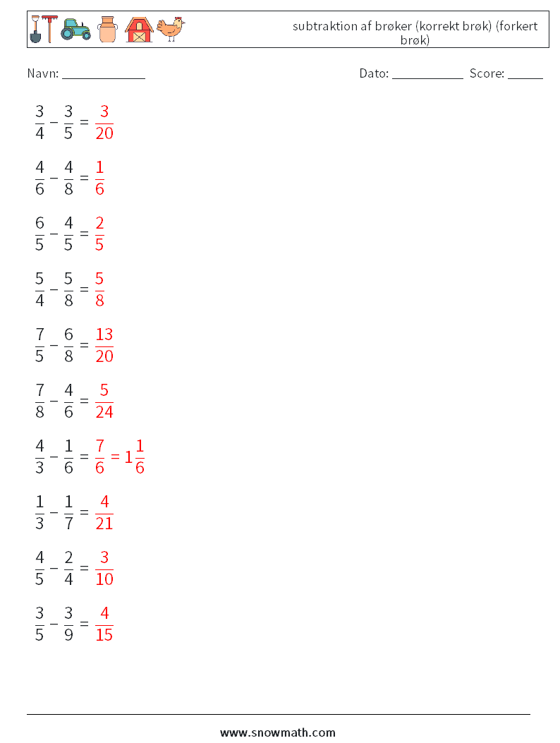 (10) subtraktion af brøker (korrekt brøk) (forkert brøk) Matematiske regneark 2 Spørgsmål, svar