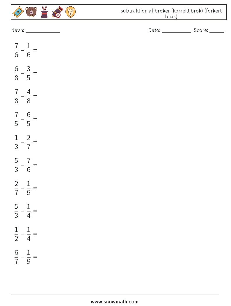 (10) subtraktion af brøker (korrekt brøk) (forkert brøk) Matematiske regneark 3