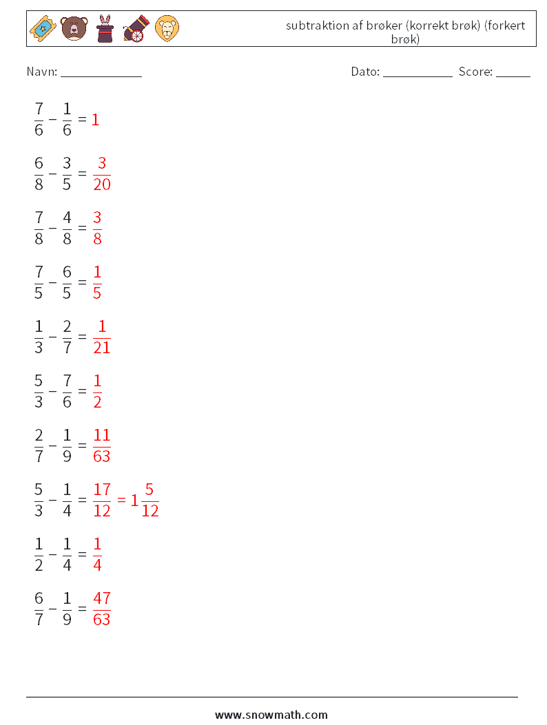(10) subtraktion af brøker (korrekt brøk) (forkert brøk) Matematiske regneark 3 Spørgsmål, svar