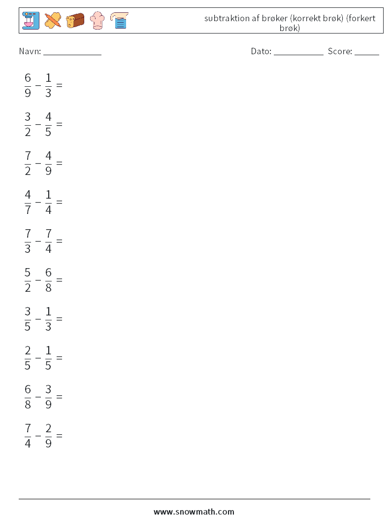 (10) subtraktion af brøker (korrekt brøk) (forkert brøk) Matematiske regneark 4