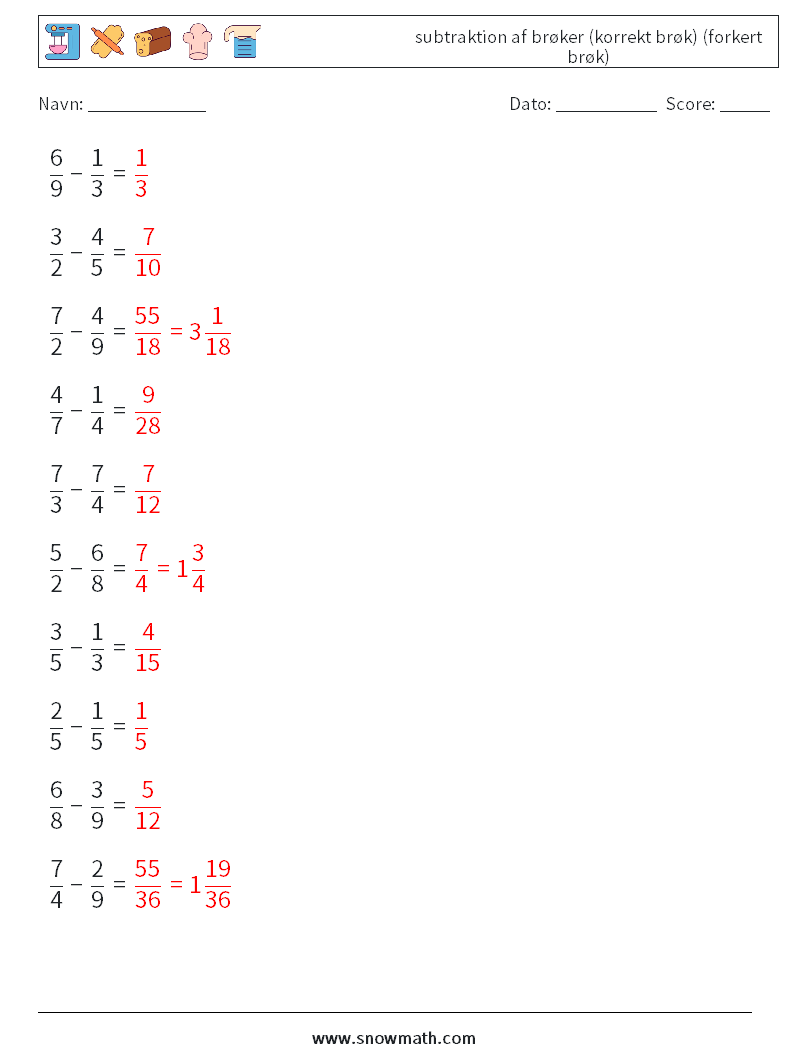(10) subtraktion af brøker (korrekt brøk) (forkert brøk) Matematiske regneark 4 Spørgsmål, svar